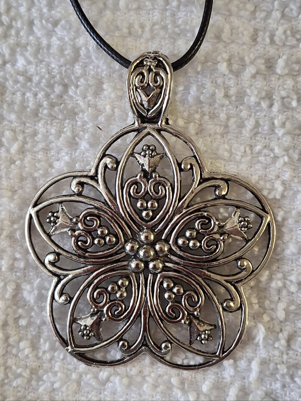 Huge Silver Floral Filigree Pendant Necklace